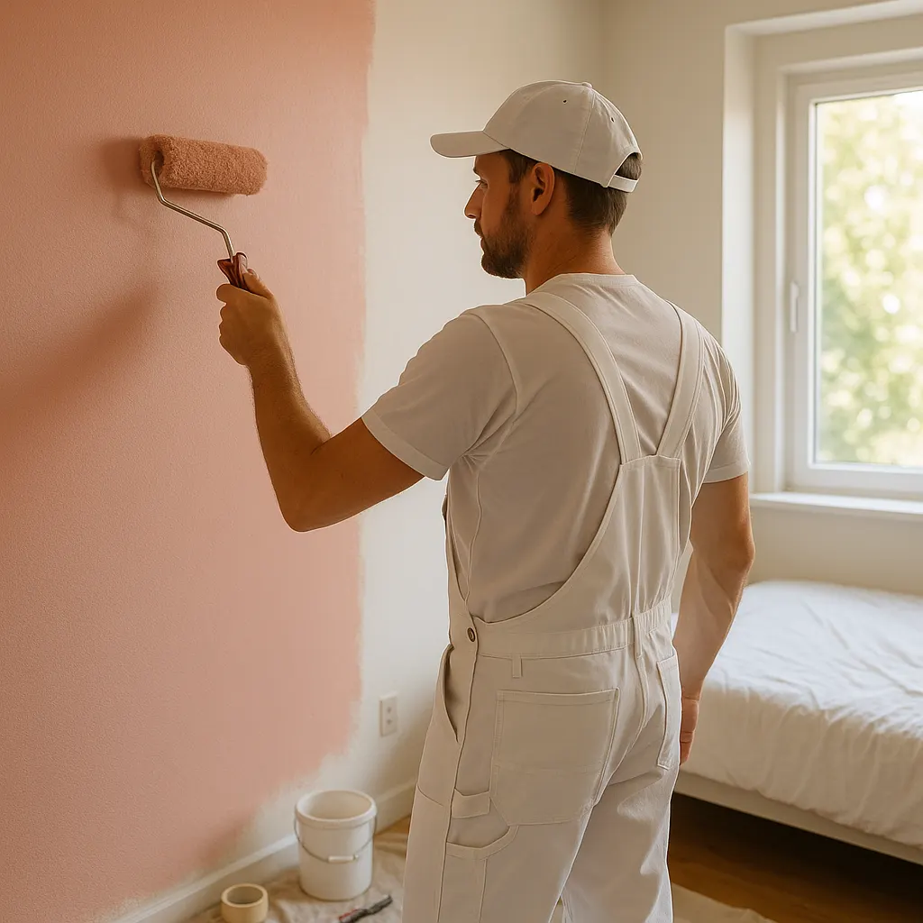 Pintor aplicando color rosáceo en una habitación